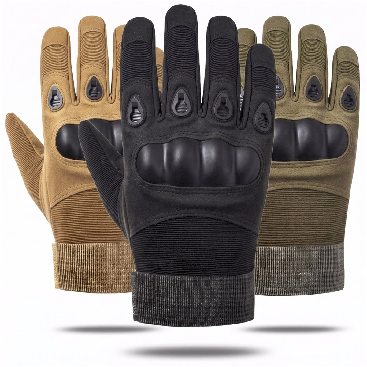XG-TG1 full-finger hard-knuckle tactical gloves in black, army green, and khaki