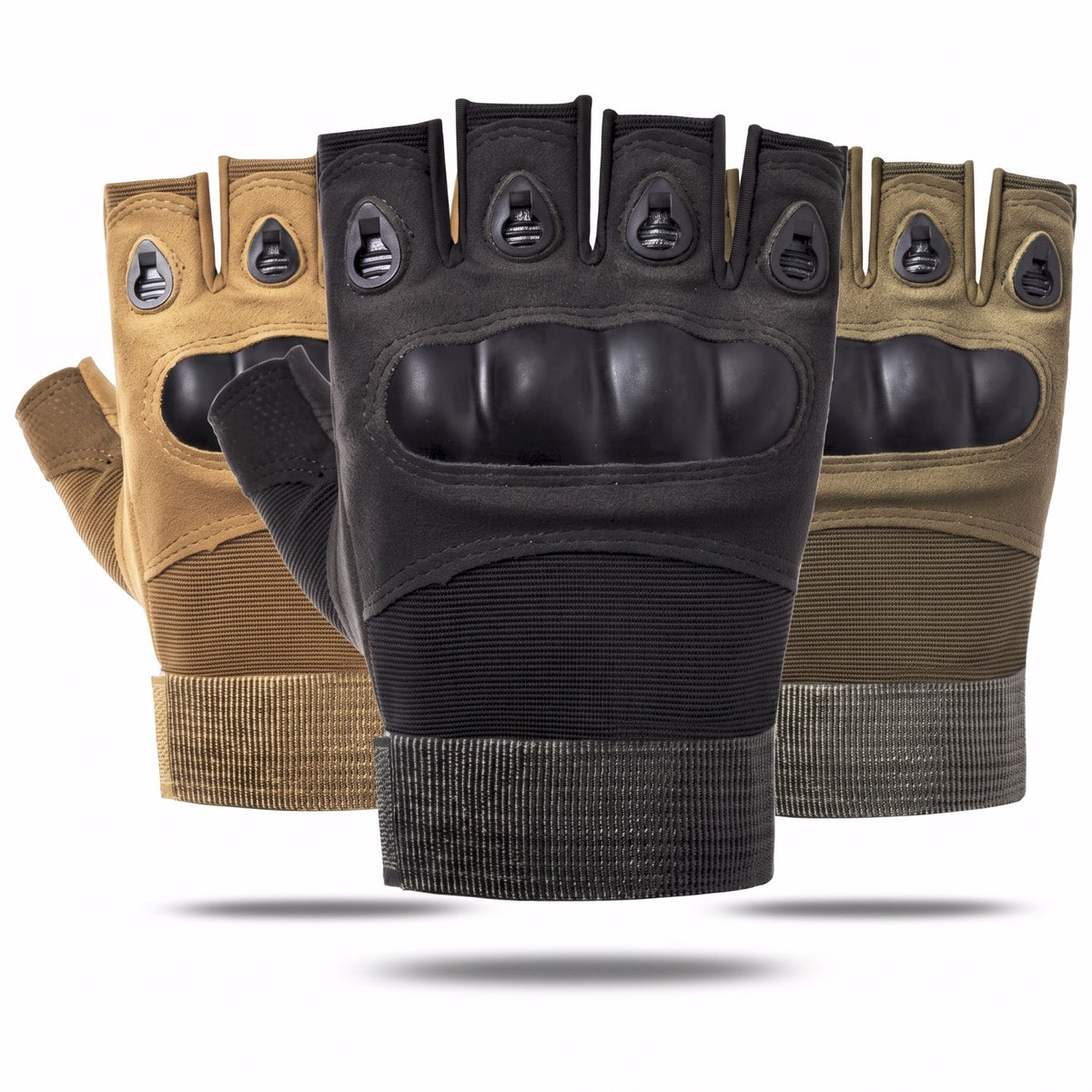 XG-TG2 half-finger hard-knuckle tactical gloves in black, army green, and khaki